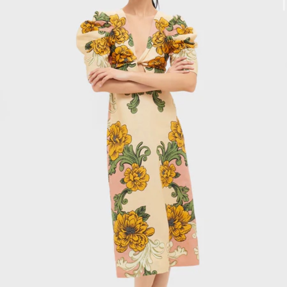 Farm Rio Delicate Flower Arabesques Linen Midi Dress - NWT